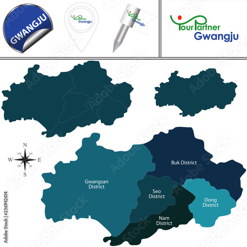 Map of Gwangju with Districts, South Korea