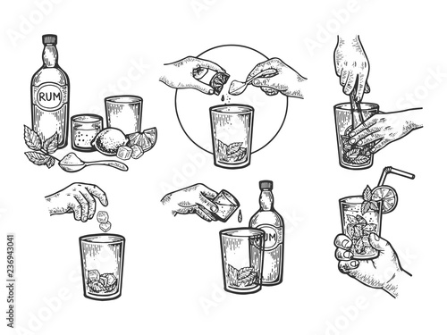Mojito drink creation instructions engraving vector illustration. Scratch board style imitation. Black and white hand drawn image.