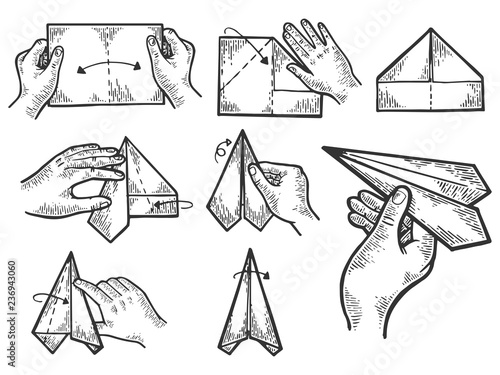 Paper airplane creation instructions engraving vector illustration. Scratch board style imitation. Black and white hand drawn image.