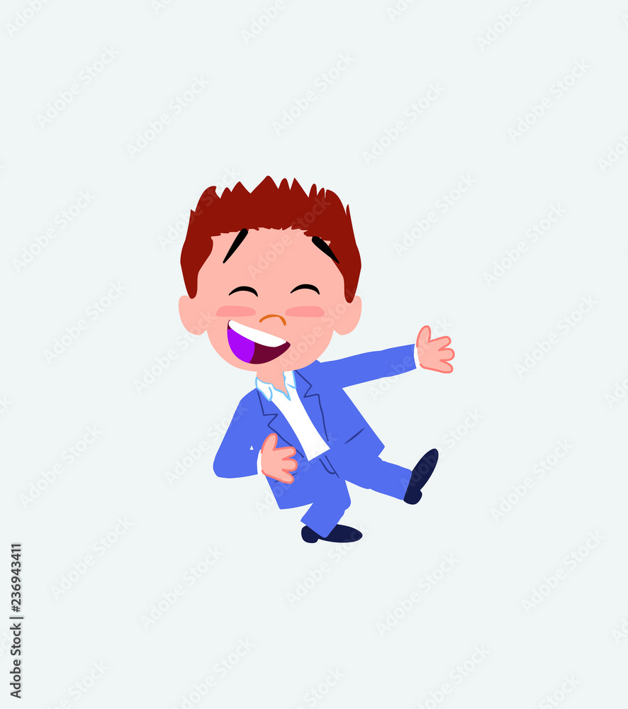 Businessman in casual style laughing while teaching something to his left. 