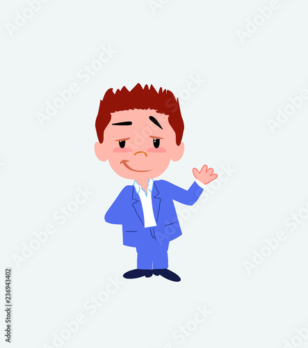Businessman in casual style waving with a dreamy expression.