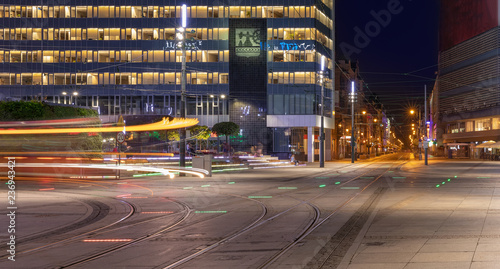 Light trails of a tram passing by