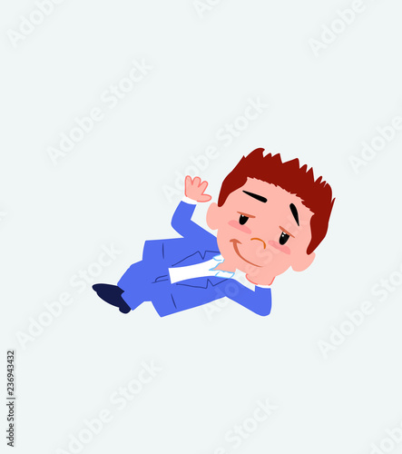 Businessman in casual style lying, greets with a dreamy expression.