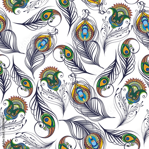 Beautiful vector seamless pattern with peacock feathers