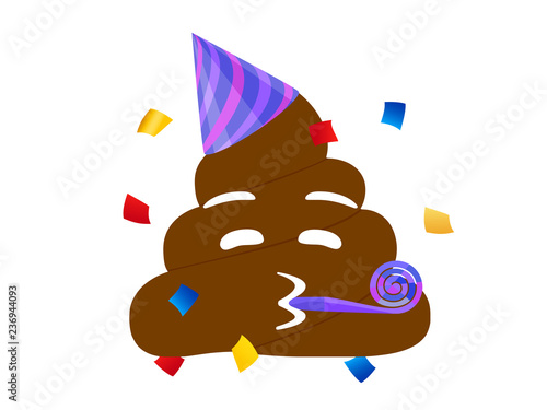Brown dung face flat icon with party hat and confett