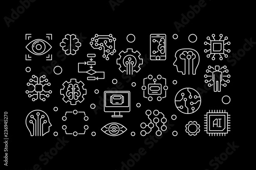 AI technology horizontal banner. Artificial Intelligence vector concept illustration in thin line style on black background