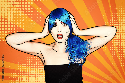 Billede på lærred Portrait of young woman in comic pop art make-up style