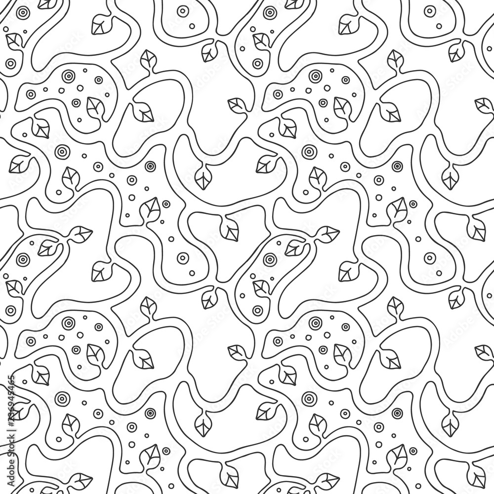 Seamless vector black and white hand drawn pattern with branch, leaves, dots. Abstract infinite tree. Graphic colorless illustration. Print for fabric, background, wallpaper, packeging, wrapping