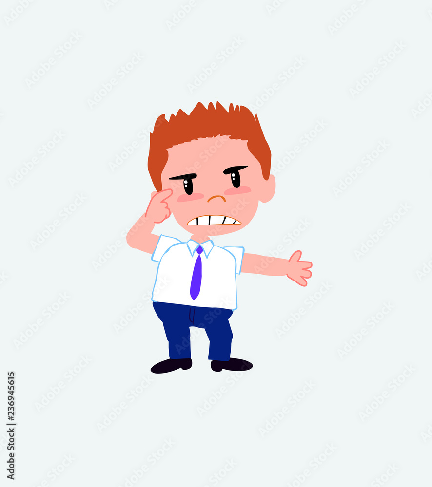 Businessman in casual style, is angry and points his head with his index finger.