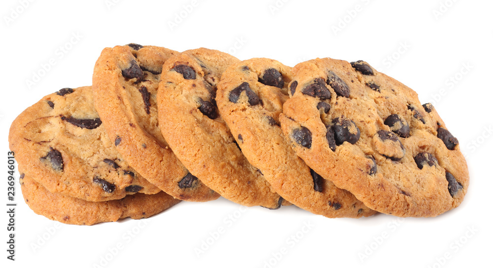 Chocolate chip cookies isolated on white background. Sweet biscuits. Homemade pastry. Chocolate chip cookies isolated on white background. Sweet biscuits. Homemade pastry.