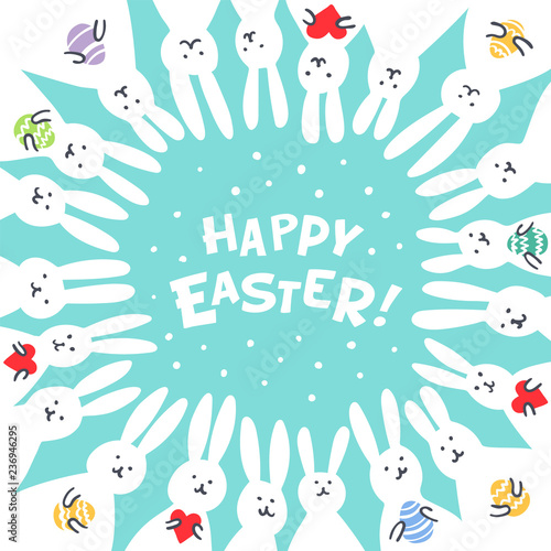 Funny bunny Easter Greeting card with white Easter rabbits. Illustration of c...