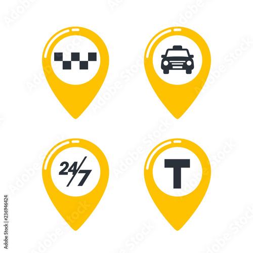 Taxi service icons. Taxi map pins with checkers, taxi car, T-sign and twenty-four seven sign on white background. lat style Vector illustration.