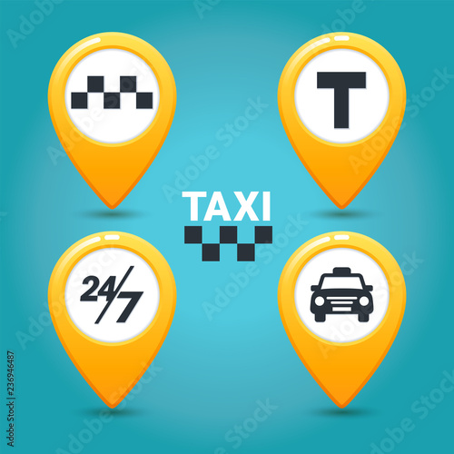 Taxi service icons. Taxi map pins with checkers, taxi car, T-sign and twenty-four seven sign on blue background. lat style Vector illustration.