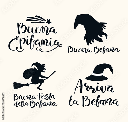Set of hand written quotes in Italian, Happy Epiphany, Good Befana, Happy Holiday of Befana, Befana arrives. Isolated objects on white. Hand drawn vector illustration. Design concept for card, banner.