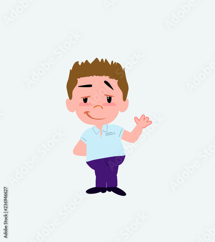 Businessman in casual style waving with a dreamy expression.