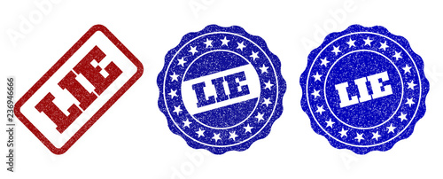 LIE grunge stamp seals in red and blue colors. Vector LIE labels with grunge surface. Graphic elements are rounded rectangles, rosettes, circles and text captions.