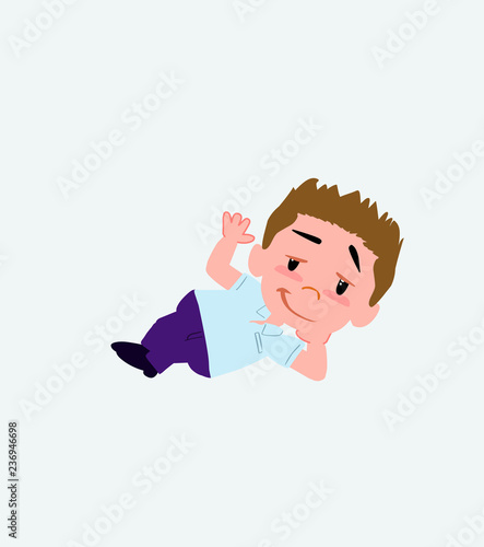 Businessman in casual style lying, greets with a dreamy expression.