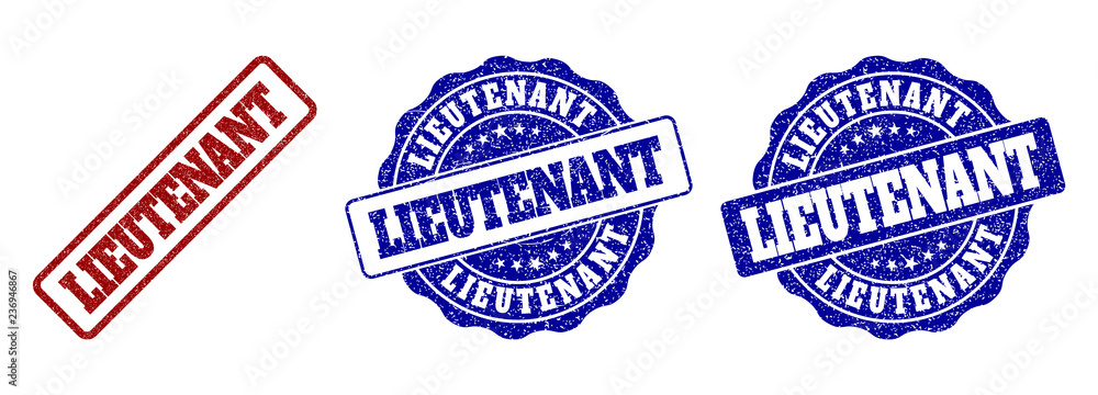 LIEUTENANT grunge stamp seals in red and blue colors. Vector LIEUTENANT labels with scratced surface. Graphic elements are rounded rectangles, rosettes, circles and text labels. LIEUTENANT grunge stamp seals in red and blue colors. Vector LIEUTENANT labels with scratced surface. Graphic elements are rounded rectangles, rosettes, circles and text labels.