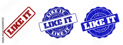 LIKE IT grunge stamp seals in red and blue colors. Vector LIKE IT watermarks with grunge style. Graphic elements are rounded rectangles, rosettes, circles and text labels.
