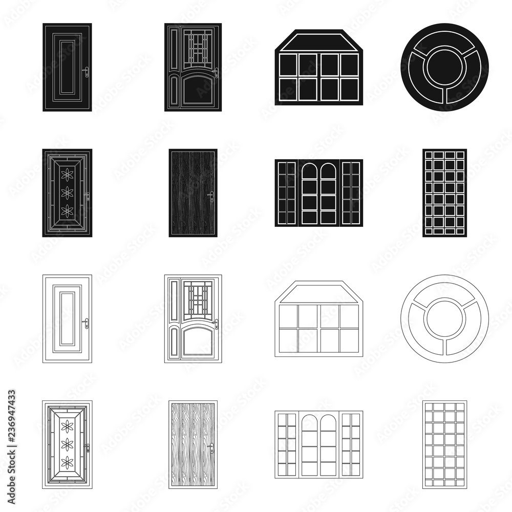 Vector design of door and front sign. Collection of door and wooden vector icon for stock.