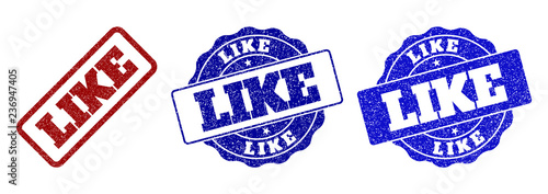 LIKE grunge stamp seals in red and blue colors. Vector LIKE labels with grunge style. Graphic elements are rounded rectangles, rosettes, circles and text labels. Designed for rubber stamp imitations.
