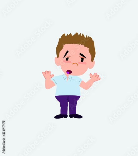 Businessman in casual style makes a gesture of tired resignation.