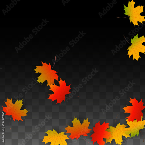 September Vector Background with Golden Falling Leaves. Autumn Illustration with Maple Red, Orange, Yellow Foliage. Isolated Leaf on Transparent Background. Bright Swirl. Suitable for Posters.