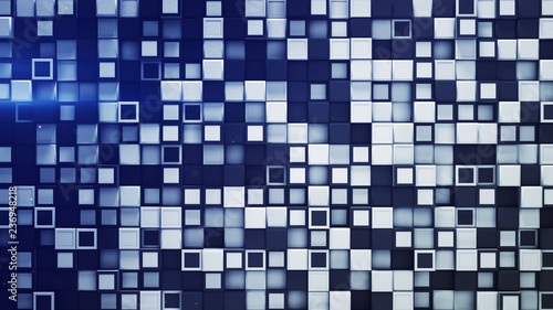 Tile of white and blue boxes abstract 3D rendering