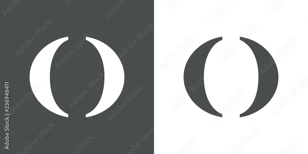 Icono plano letra O espacio negativo en gris y blanco Icono plano letra O espacio negativo en gris y blanco