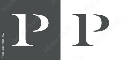 Icono plano letra P espacio negativo en gris y blanco