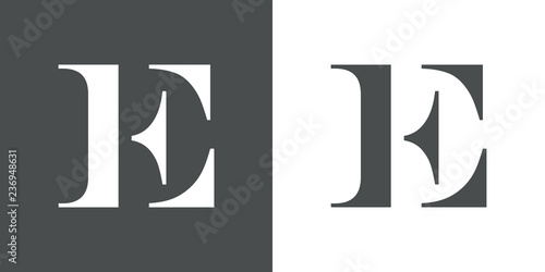 Icono plano letra E espacio negativo en gris y blanco