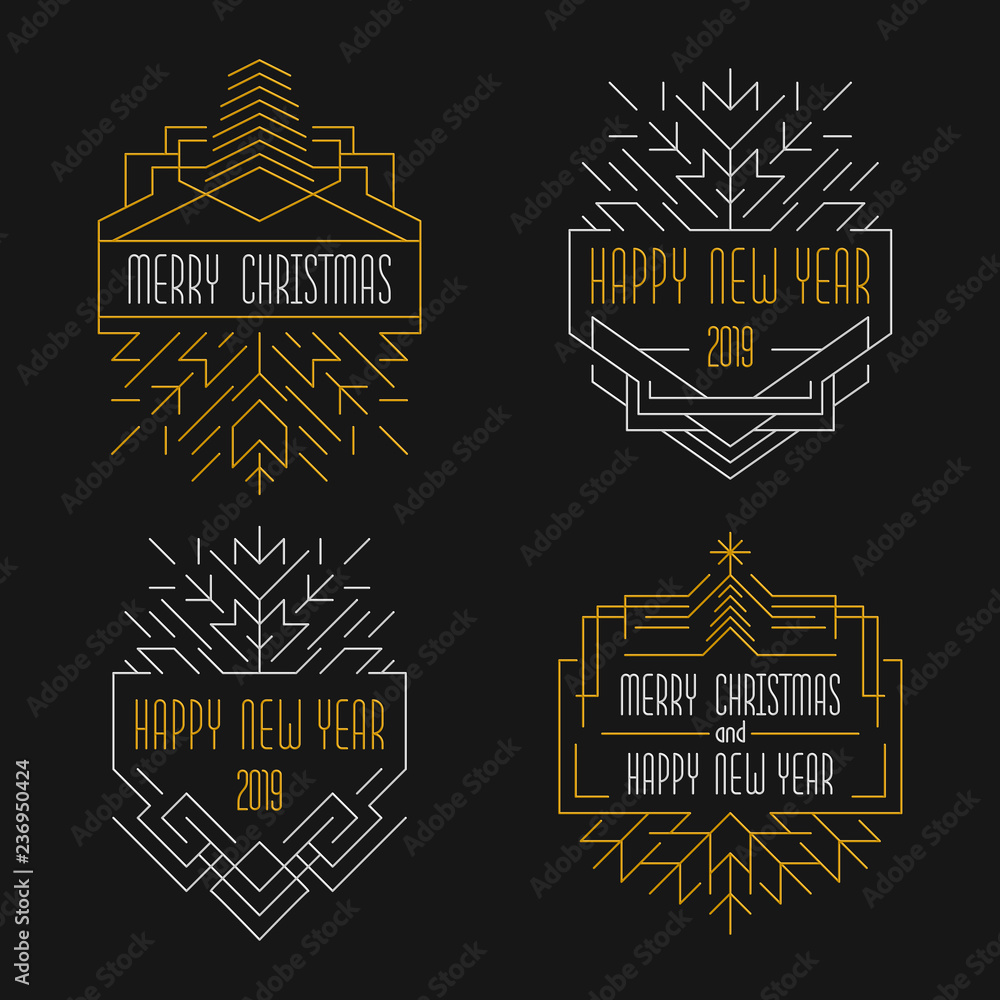 Obraz premium Merry Christmas and Happy New Year text. Art deco badges in outline style. 2019 Xmas card in golden and silver colors.