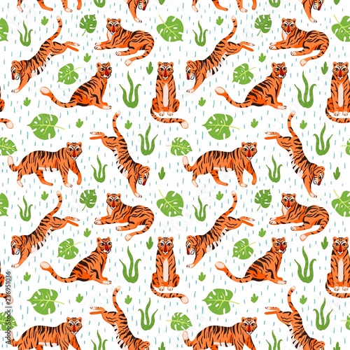 Fototapeta Naklejka Na Ścianę i Meble -  Seamless pattern with tigers in different poses and tropical plants. Vector illustration for textile, Wallpaper, packaging or other.
