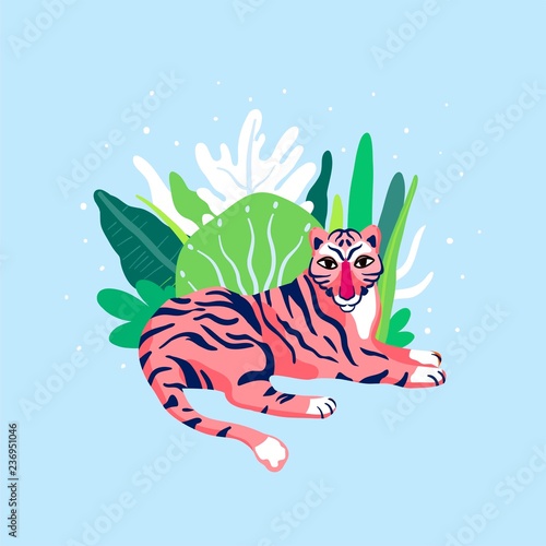 Fototapeta Naklejka Na Ścianę i Meble -  Tiger and tropical plants. Vector illustration.