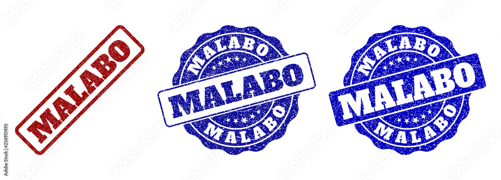 MALABO scratched stamp seals in red and blue colors. Vector MALABO labels with dirty surface. Graphic elements are rounded rectangles, rosettes, circles and text labels.