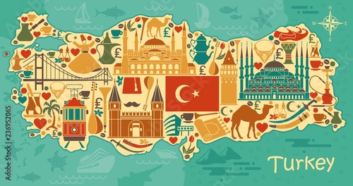 Traditional tourist symbols of Turkey in the form of map