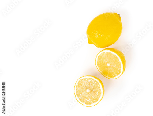 Closeup top view fresh lemon fruit slice on white background, food and healthy concept