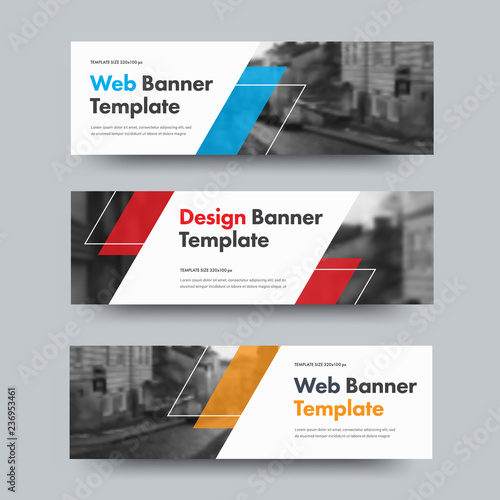 Template of vector horizontal web banners with diagonal color design elements and space for photo.
