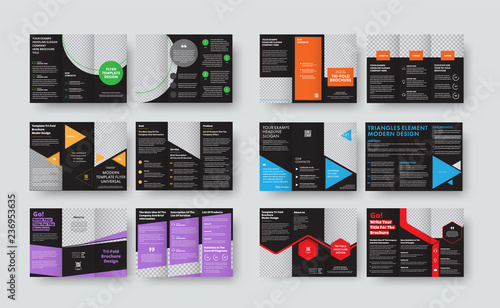 Set of vector black templates for tri-fold brochures with space for photos and various geomteric forms.
