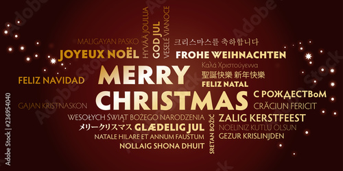 merry christmas greeting card with golden letters in different languages on brown background