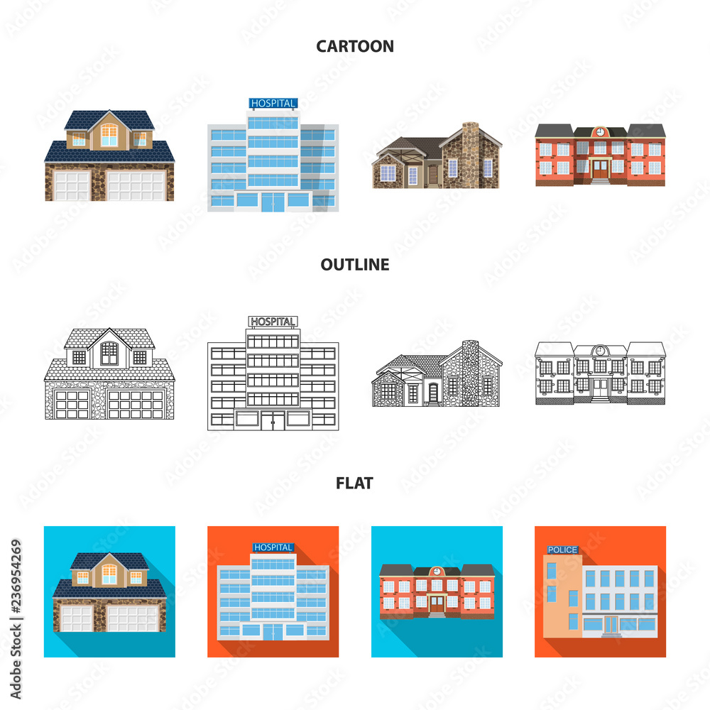 Isolated object of building and front icon. Set of building and roof vector icon for stock. Isolated object of building and front icon. Set of building and roof vector icon for stock.