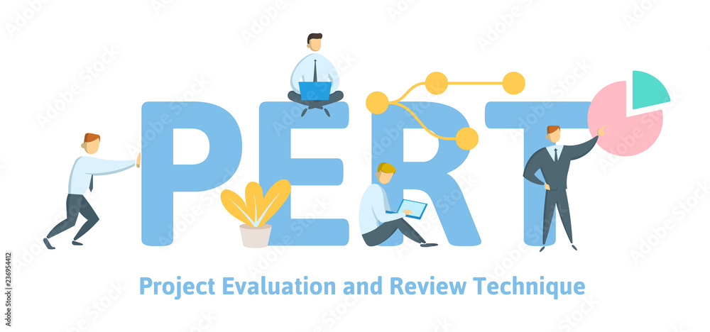 PERT, Project evaluation and review technique. Concept with keywords, letters and icons. Colored flat vector illustration on white background.