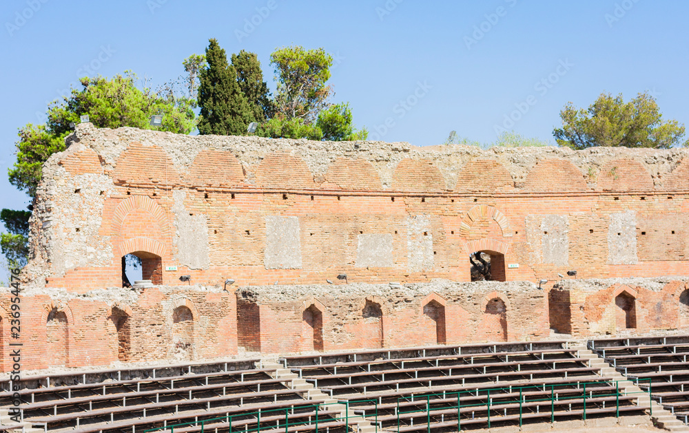 Fragment of antique amphitheater Teatro Greco in Taormina, Sicily, Italy 