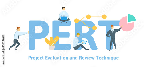 PERT, Project evaluation and review technique. Concept with keywords, letters and icons. Colored flat vector illustration on white background.