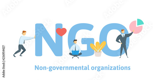 NGO, Non-Governmental Organization. Concept with keywords, letters and icons. Colored flat vector illustration on white background.