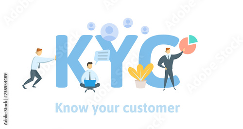 KYC, Know Your Customer. Concept with keywords, letters and icons. Colored flat vector illustration on white background.