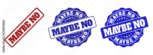 MAYBE NO grunge stamp seals in red and blue colors. Vector MAYBE NO labels with grunge effect. Graphic elements are rounded rectangles, rosettes, circles and text titles.