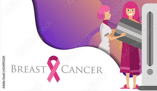 Mammalogist making screening of woman breast poster
