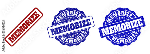 MEMORIZE scratched stamp seals in red and blue colors. Vector MEMORIZE signs with dirty surface. Graphic elements are rounded rectangles, rosettes, circles and text captions.