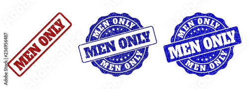 MEN ONLY grunge stamp seals in red and blue colors. Vector MEN ONLY labels with dirty style. Graphic elements are rounded rectangles, rosettes, circles and text labels.